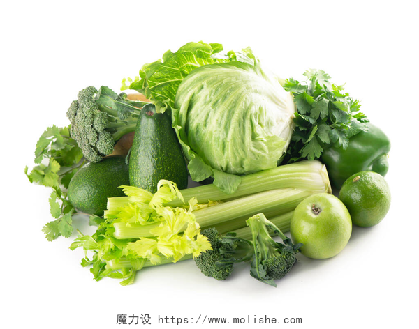 白色背景上的绿色水果和蔬菜白色背景的绿色水果和蔬菜